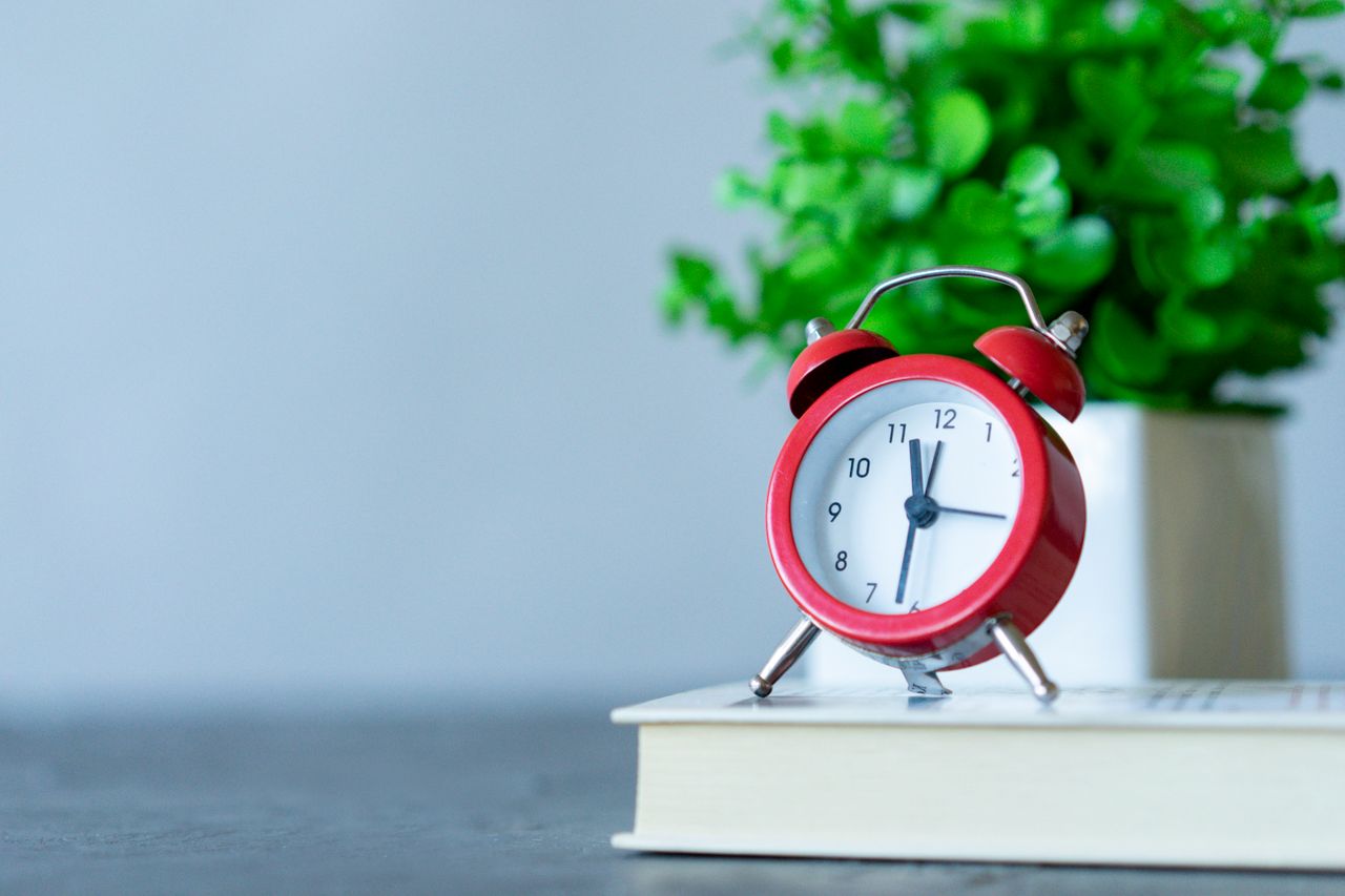 Image of a red alarm clock on a book with a green plant in the background.